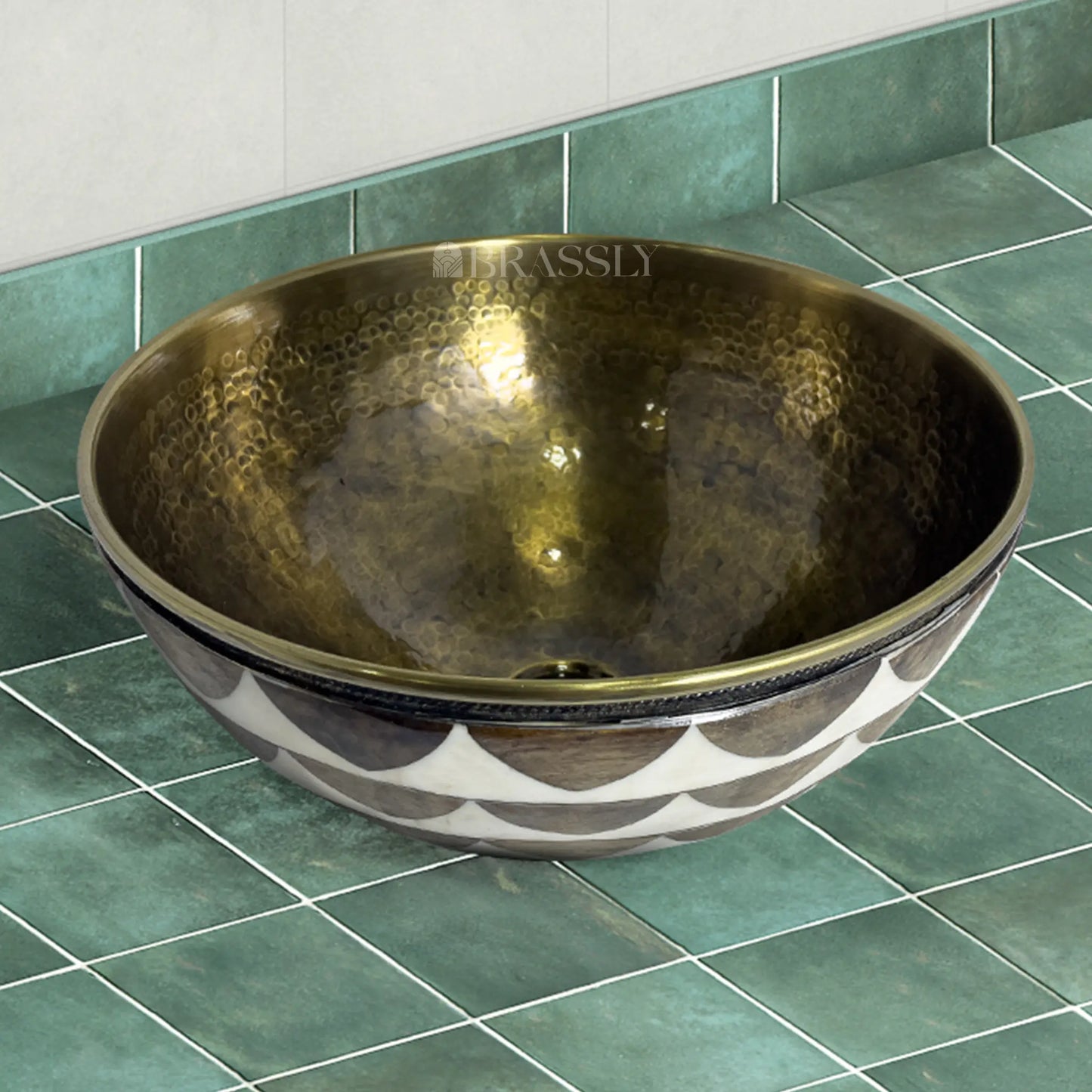 Brass Bathroom Sink, White And Black Pattern, Copper Resin Vanity Vessel Sink