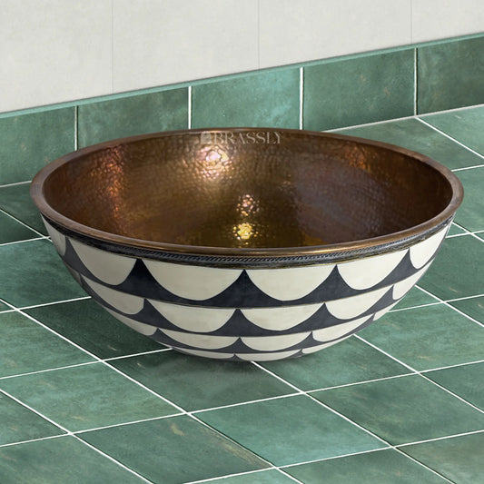 Brass Bathroom Sink, White And Black Pattern, Copper Resin Vanity Vessel Sink
