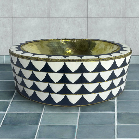 Brass Bathroom Sink, Black And White Pattern, Oval Basin Sink, Hammered Brass