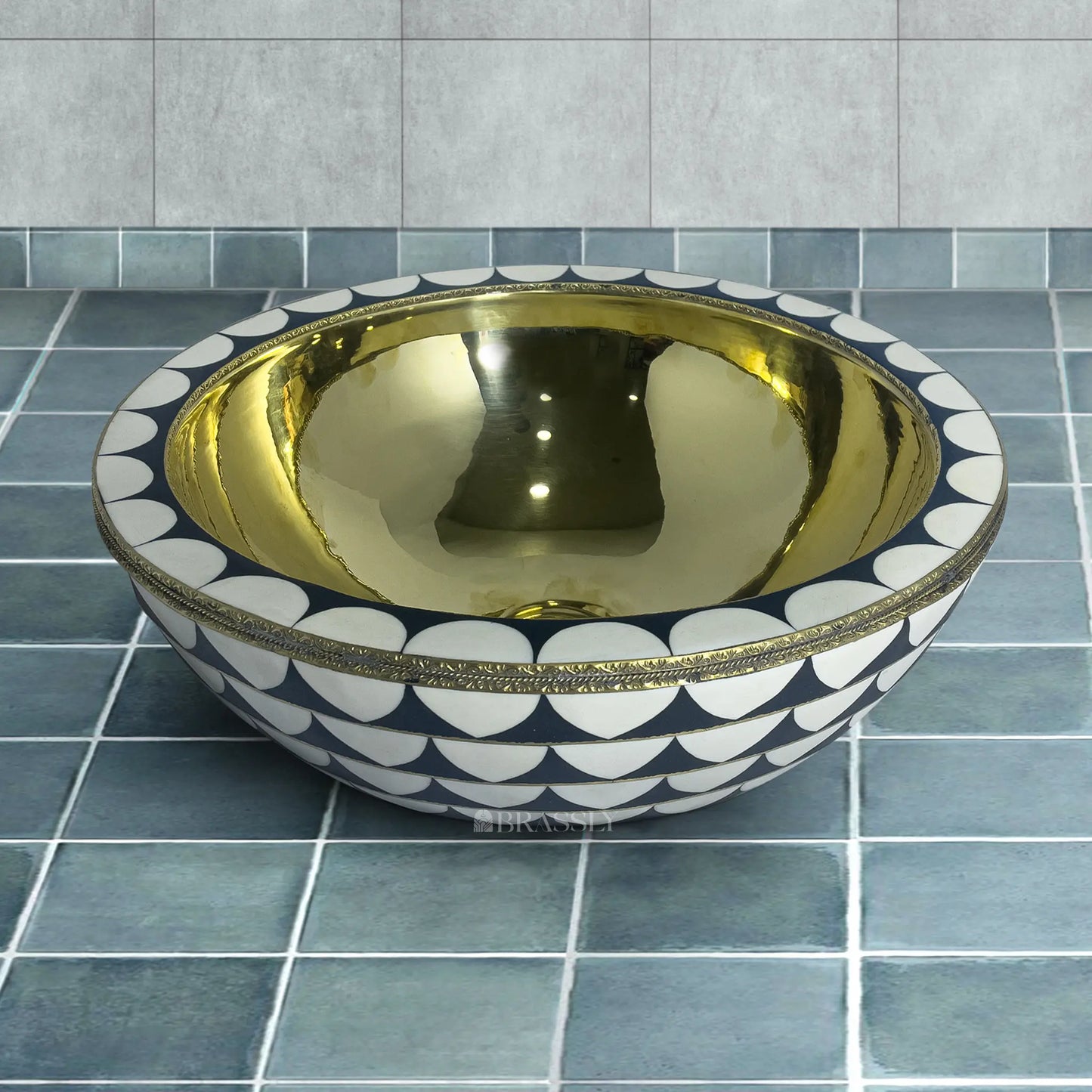 Brass Bathroom Sink, White And Black Pattern, Copper Resin Vanity Vessel Sink