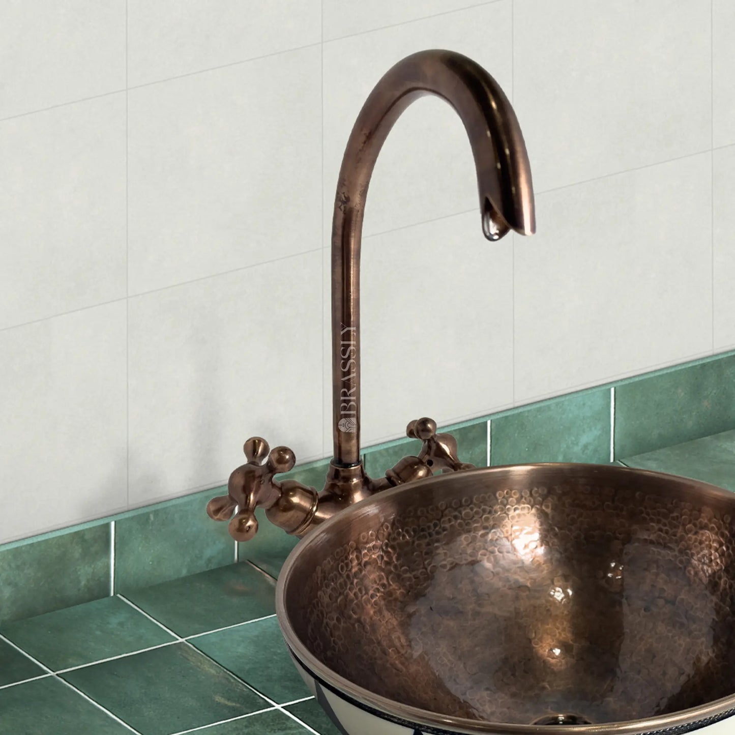 Bathroom Tap, Brass Kitchen Faucet Or Copper Gooseneck Tap with Simple Cross Handles