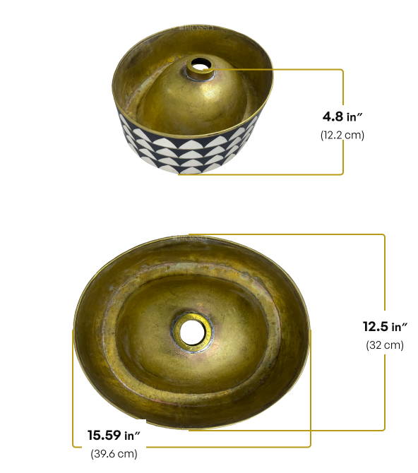 Brass Bathroom Sink, Black And White Pattern, Oval Basin Sink, Hammered Brass
