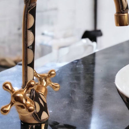 Unlacquered Brass Gooseneck Faucet for Bathroom Vanity Sink, Single Hole, Resin Studded