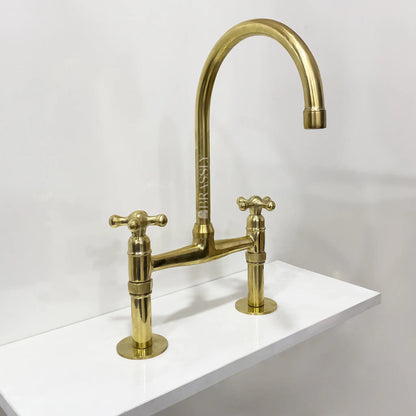 Unlacquered Brass 8" Bridge Tap, Deck Mount Tap, Vintage Kitchen Sink Tap