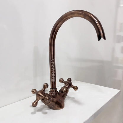 Bathroom Tap, Brass Kitchen Faucet Or Copper Gooseneck Tap with Simple Cross Handles