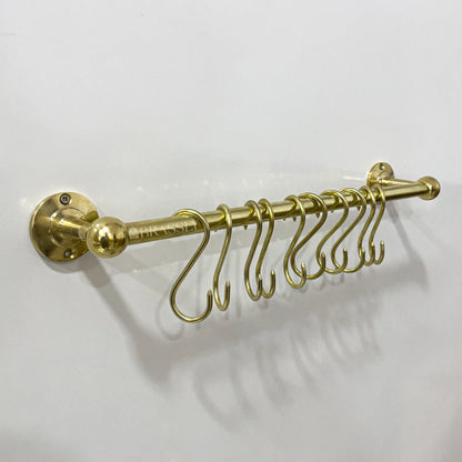 Brass Hanging Rail, 10 Grove S Hooks,  Polished Brass