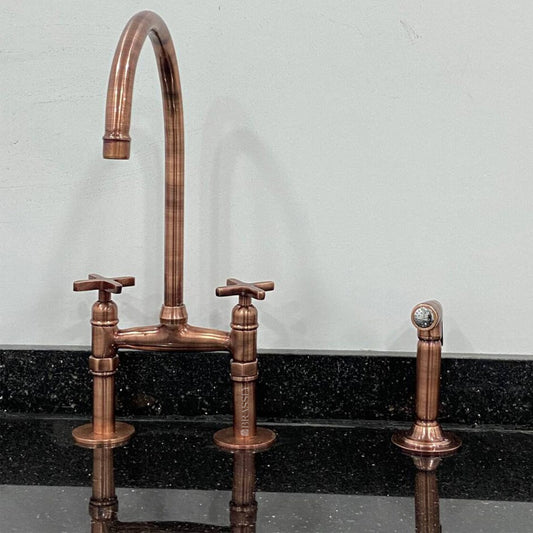 Solid Copper Bridge Faucet 8" - Premium Unlacquered Kitchen Faucet with Side Sprayer And Straight Legs