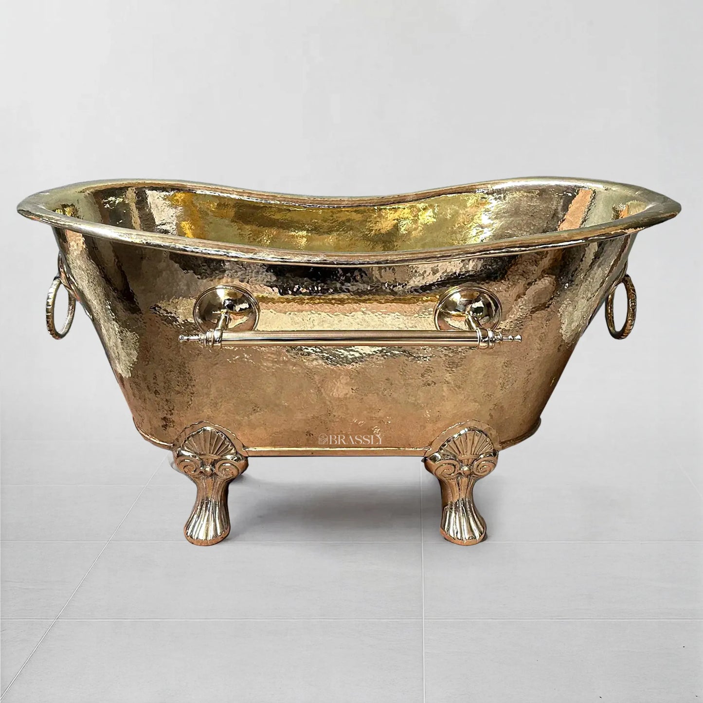 Unlacquered Brass Clawfoot Bathtub with Hammered Finish & Towel Holder – Luxury Freestanding Bath