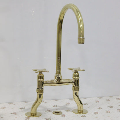 Unlacquered Brass Bridge Tap with Curved Legs and Custom Handles For Kitchen