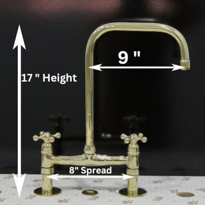 Unlacquered Solid Brass 8" Bridge Tap with Cross Handles and Curved Spout