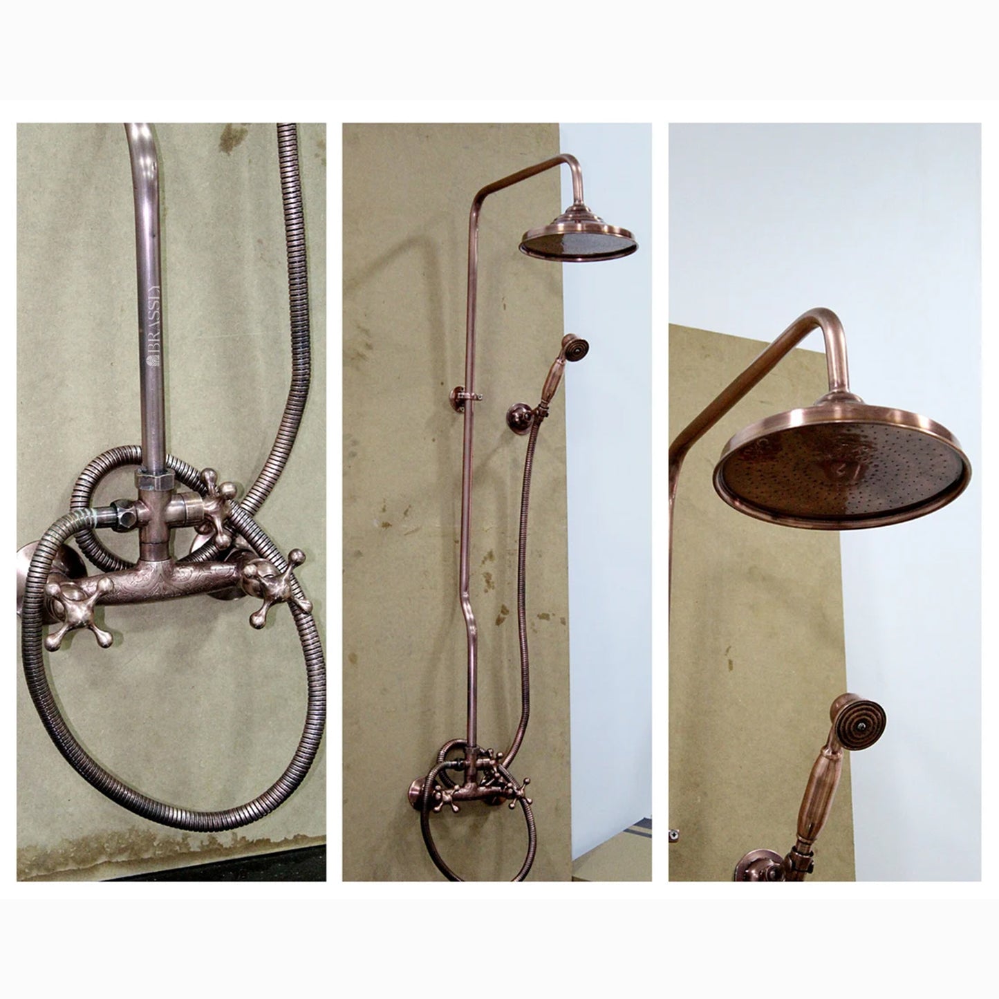 Copper Shower System With Handheld Sprayer, Vintage Rain Showerhead System
