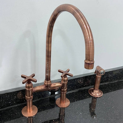 Solid Copper Bridge Faucet 8" - Premium Unlacquered Kitchen Faucet with Side Sprayer And Straight Legs