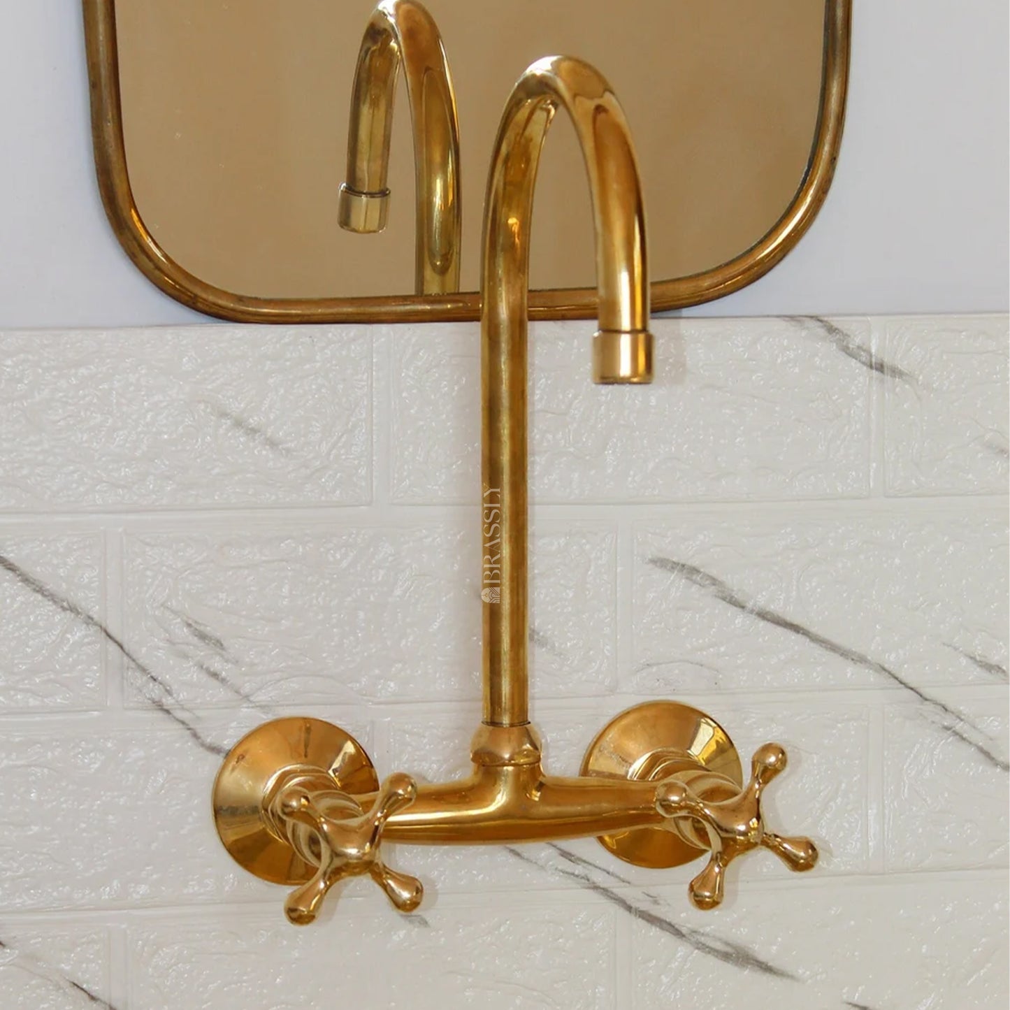 Unlacquered Brass Wall-Mount Gooseneck Kitchen Tap with Cross Handles
