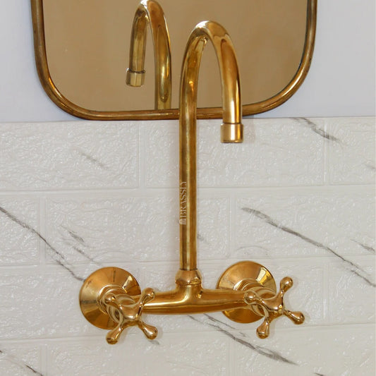 Unlacquered Brass Wall-Mount Gooseneck Kitchen Tap with Cross Handles