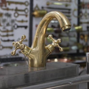 Solid Brass Tap With Simple Cross Handles - Unlacquered Brass Bathroom Tap