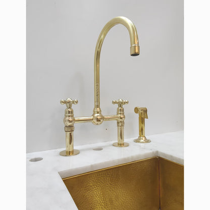 Unlacquered Brass or Copper Kitchen Bridge Faucet with Optional Sprayer, Different Handles, Straight Legs