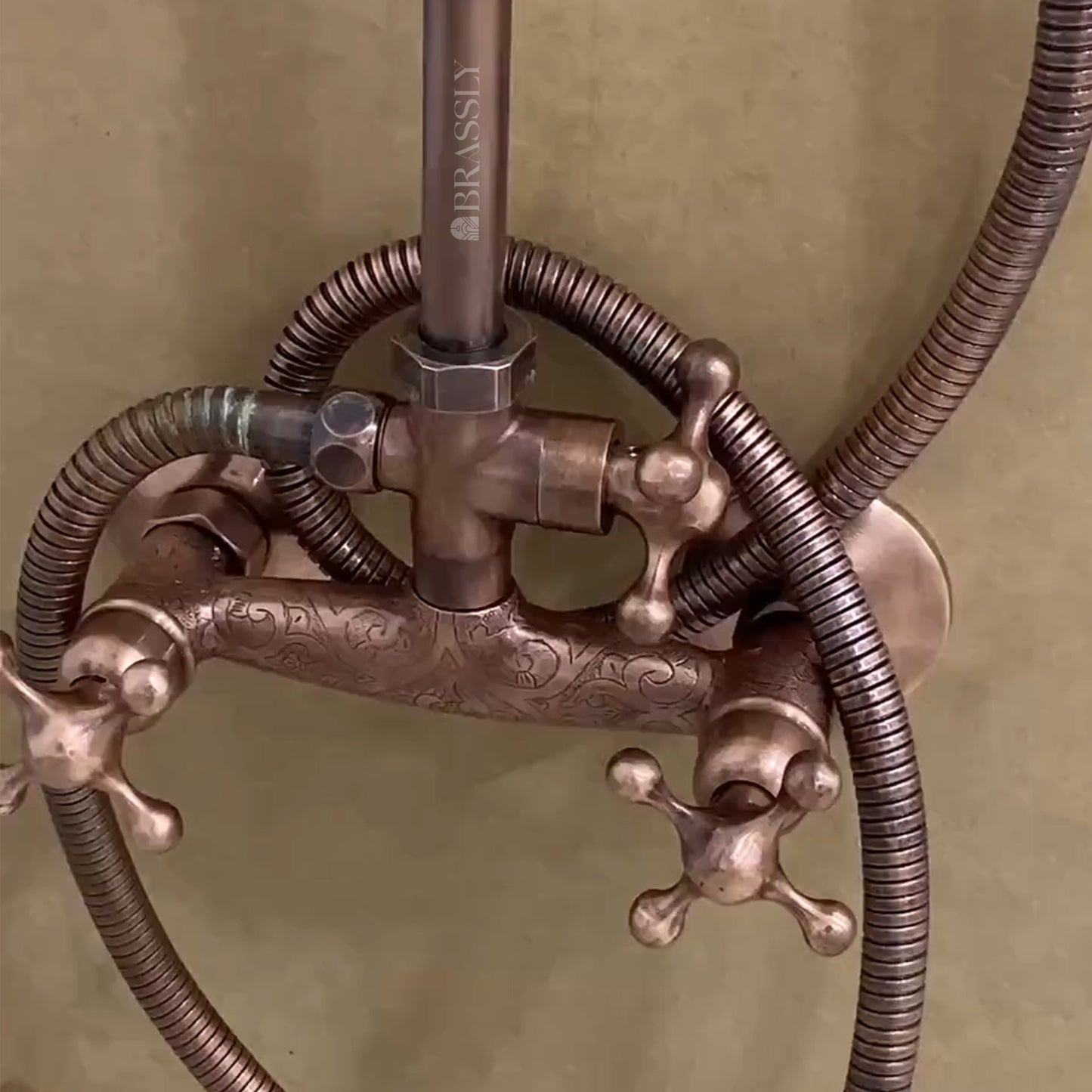Copper Shower System With Handheld Sprayer, Vintage Rain Showerhead System