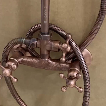 Copper Shower System With Handheld Sprayer, Vintage Rain Showerhead System