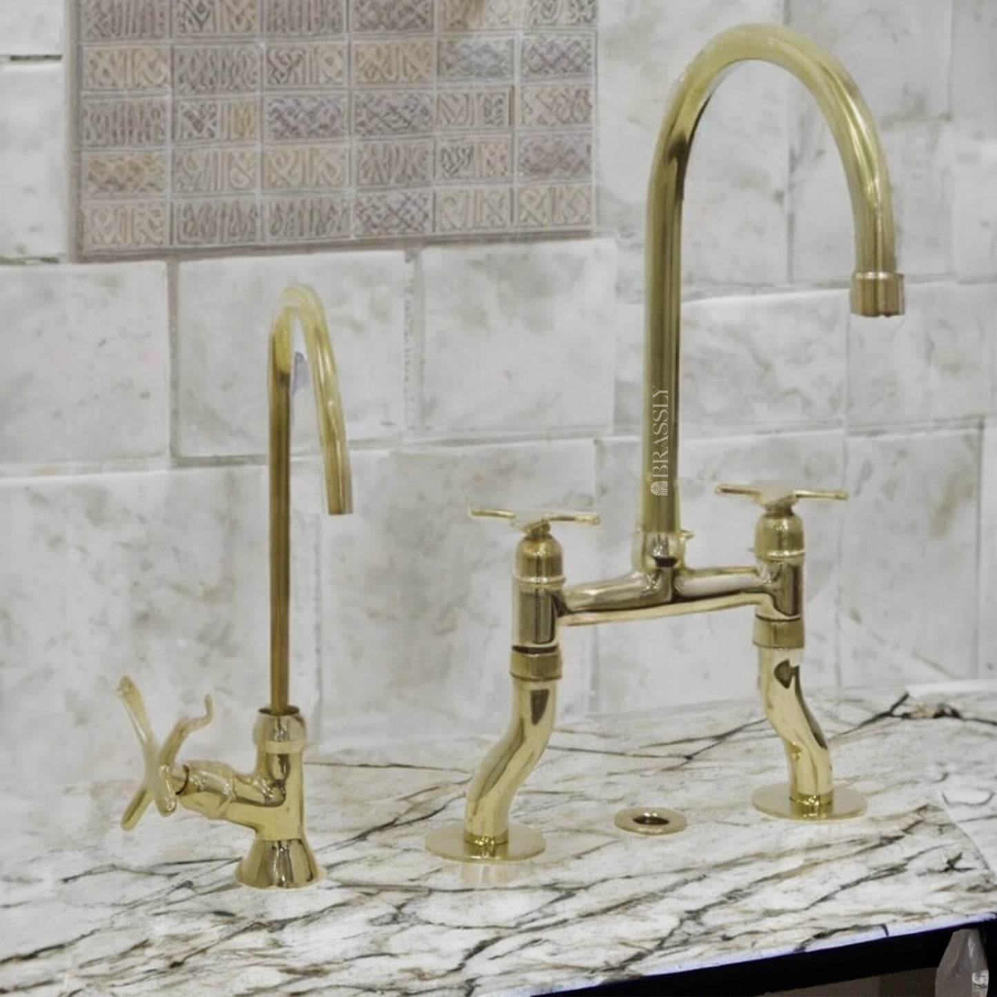 Unlacquered Brass Bridge Tap with Curved Legs and Custom Handles For Kitchen