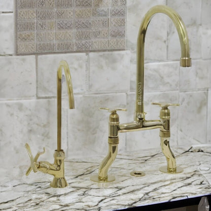 Unlacquered Brass Bridge Tap with Curved Legs and Custom Handles For Kitchen