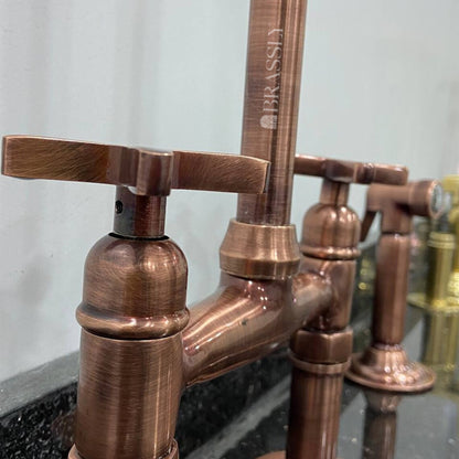 Solid Copper Bridge Faucet 8" - Premium Unlacquered Kitchen Faucet with Side Sprayer And Straight Legs