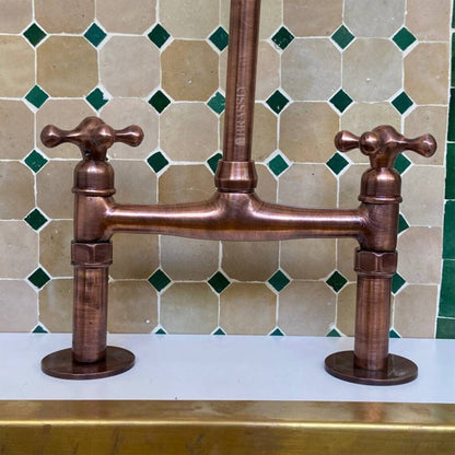 Unlacquered Brass or Copper Kitchen Bridge Faucet with Optional Sprayer, Different Handles, Straight Legs