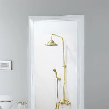 Unlacquered Brass Shower System with Handheld, High-Pressure Hose, Exposed Pipe Design