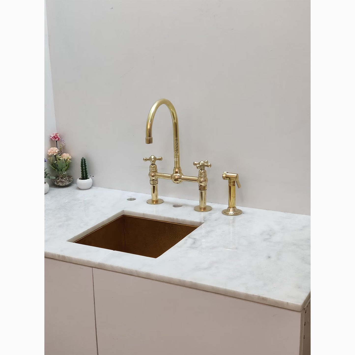 Unlacquered Brass or Copper Kitchen Bridge Faucet with Optional Sprayer, Different Handles, Straight Legs