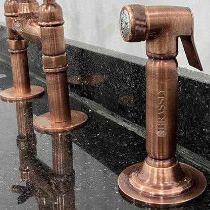 Solid Copper Bridge Faucet 8" - Premium Unlacquered Kitchen Faucet with Side Sprayer And Straight Legs