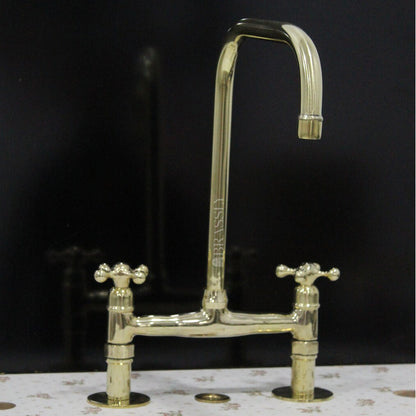 Unlacquered Solid Brass 8" Bridge Tap with Cross Handles and Curved Spout