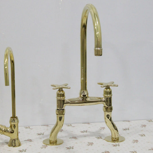 Unlacquered Brass Bridge Tap with Curved Legs and Custom Handles For Kitchen