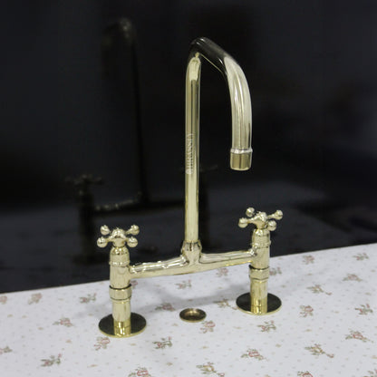 Unlacquered Solid Brass 8" Bridge Tap with Cross Handles and Curved Spout