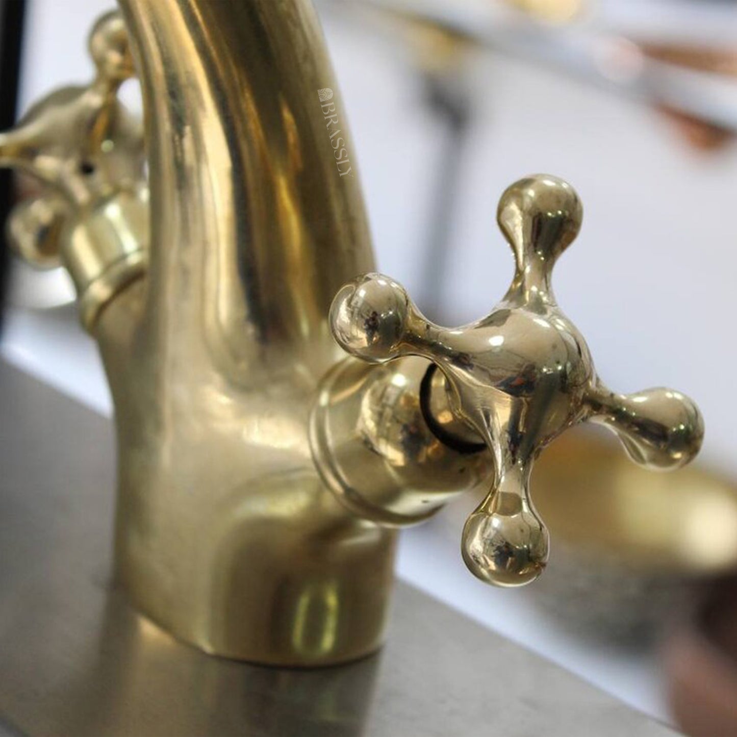 Solid Brass Tap With Simple Cross Handles - Unlacquered Brass Bathroom Tap