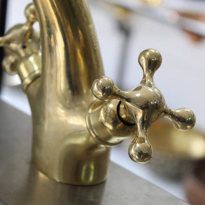 Solid Brass Tap With Simple Cross Handles - Unlacquered Brass Bathroom Tap