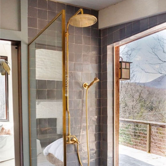 Unlacquered Brass Shower System with Handheld, High-Pressure Hose, Exposed Pipe Design