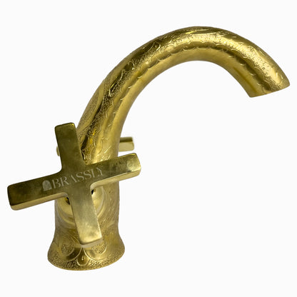 Single Hole Unlacquered Brass Bathroom Tap, Engraved Gooseneck Brass Vanity Faucet With Flat Cross Handles - Mumbai