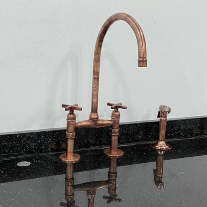 Solid Copper Bridge Faucet 8" - Premium Unlacquered Kitchen Faucet with Side Sprayer And Straight Legs