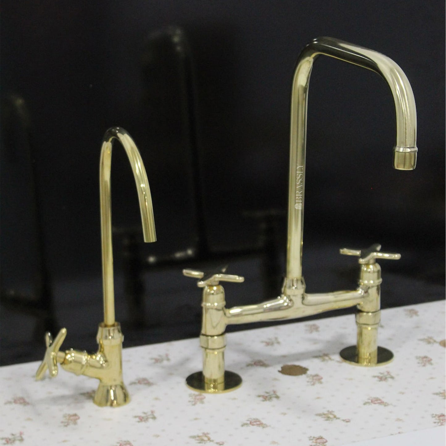Unlacquered Solid Brass 8" Bridge Tap with Cross Handles and Curved Spout