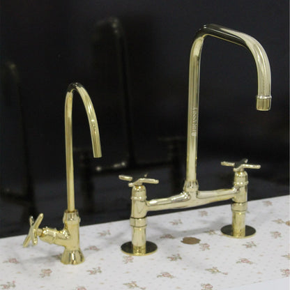 Unlacquered Solid Brass 8" Bridge Tap with Cross Handles and Curved Spout