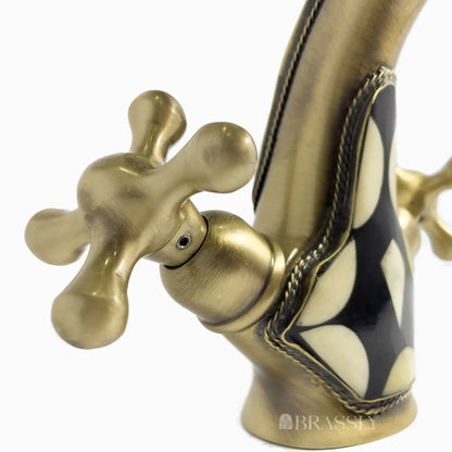 Brass Bathroom Tap With Resin And Bone Accents, Single Hole Bathroom, Vanity Sink Faucet With Cross Handles