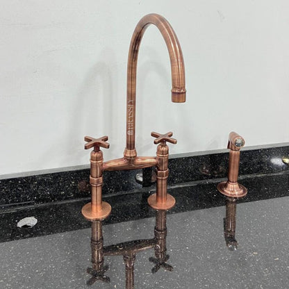 Solid Copper Bridge Faucet 8" - Premium Unlacquered Kitchen Faucet with Side Sprayer And Straight Legs