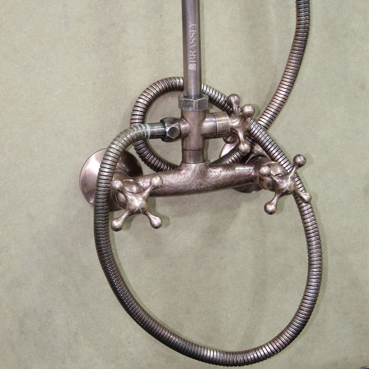 Copper Shower System With Handheld Sprayer, Vintage Rain Showerhead System