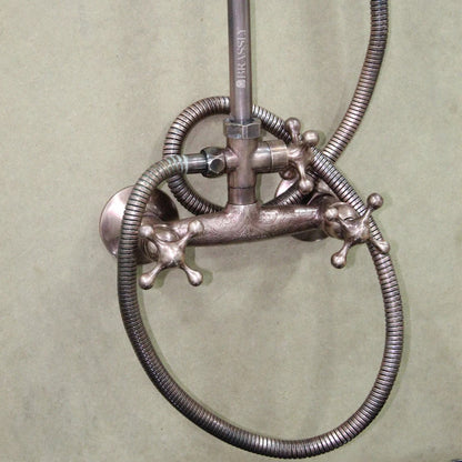 Copper Shower System With Handheld Sprayer, Vintage Rain Showerhead System