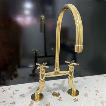 Unlacquered Brass Bridge Tap with Curved Legs and Custom Handles For Kitchen