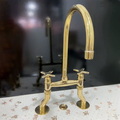 Unlacquered Brass Bridge Tap with Curved Legs and Custom Handles For Kitchen