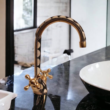 Unlacquered Brass Gooseneck Faucet for Bathroom Vanity Sink, Single Hole, Resin Studded