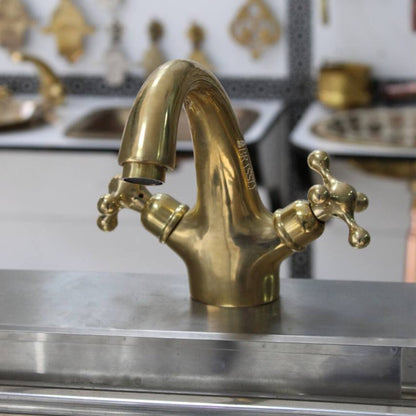 Solid Brass Tap With Simple Cross Handles - Unlacquered Brass Bathroom Tap