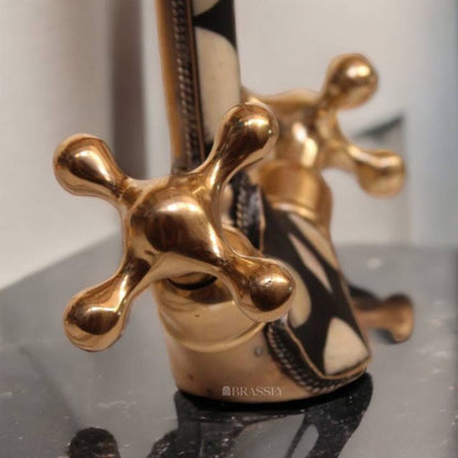 Unlacquered Brass Gooseneck Faucet for Bathroom Vanity Sink, Single Hole, Resin Studded